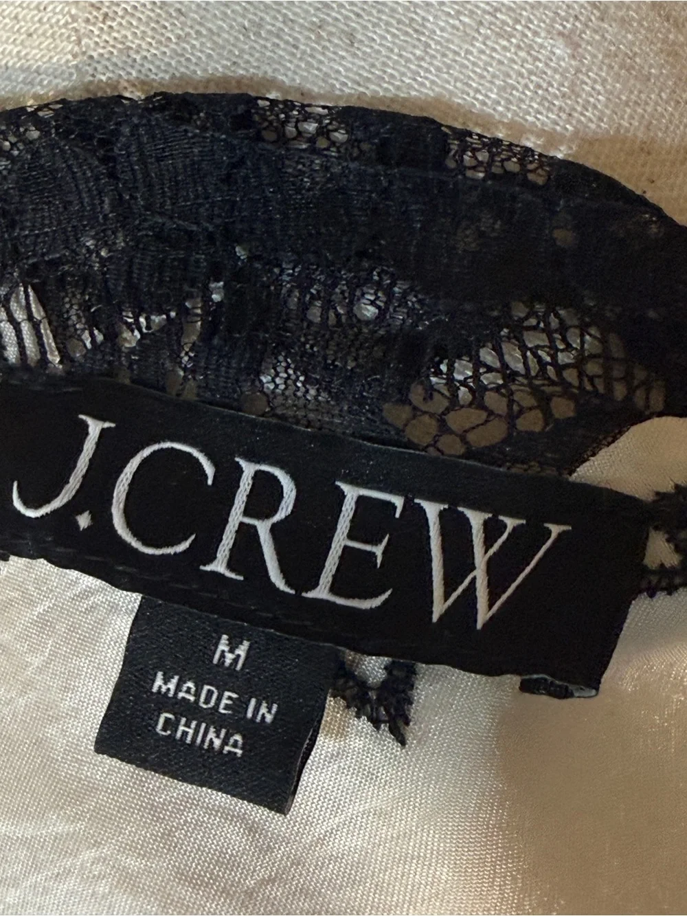 J. Crew Cream Textured Satin Cami with Black Lace Trim